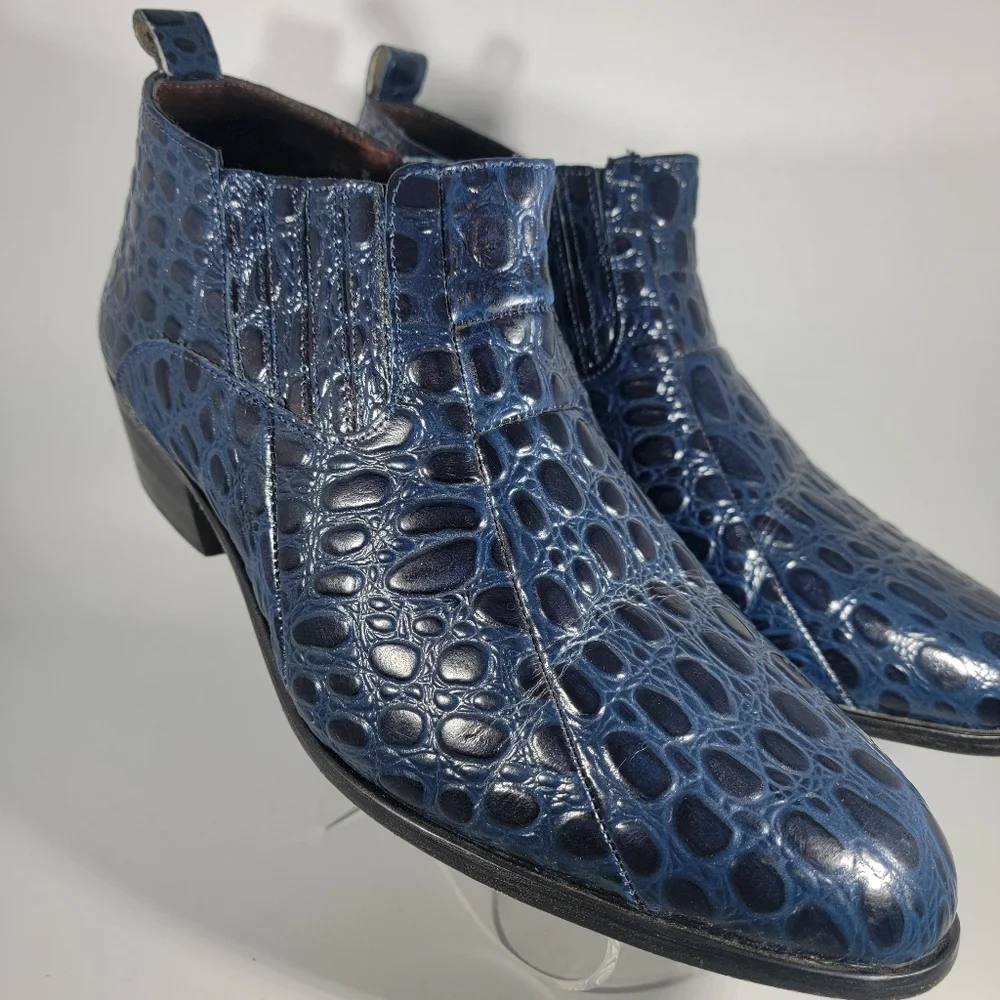 Stacy Adams Sandoval Navy Croco Print Leather Cuban Heeled Boots Men's Size 12W
